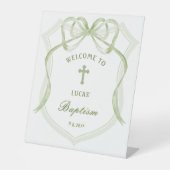 Signe De Table Sage Green Bow Crest Baptisme Bienvenue (Recto)