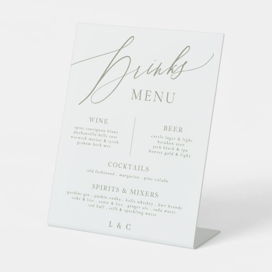 Signe De Table Sage Green Calligraphy Mariage Bar Boisson Menu (Recto)