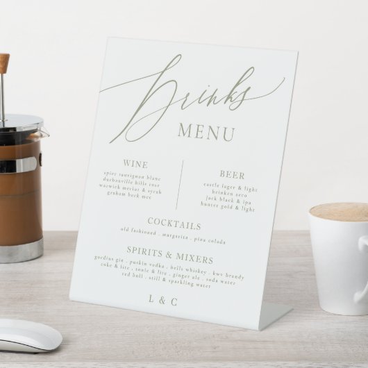 Signe De Table Sage Green Calligraphy Mariage Bar Boisson Menu (In SItu)