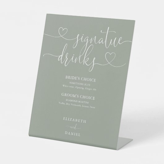 Signe De Table Sage Green Heart Script Mariage Signature Boissons (Recto)