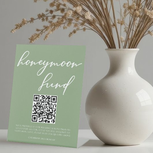 Signe De Table Sage Green White Script Honeymoon Fund QR Code