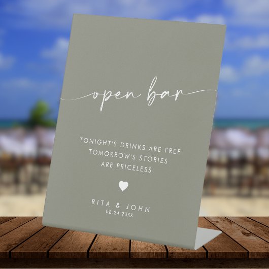 Signe De Table Sage moderne vert Script Open Bar Mariage Sign
