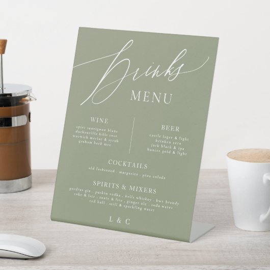 Signe De Table Sage White Calligraphy Mariage Bar Drink Menu (In SItu)