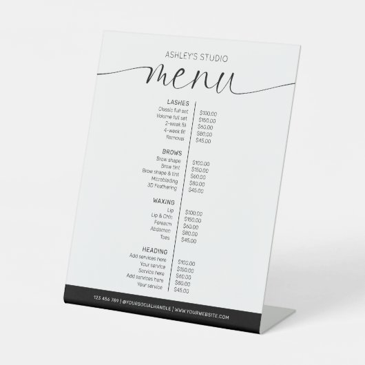 Signe De Table Salon de coiffure noir et blanc minimum Menu Prix (Recto)