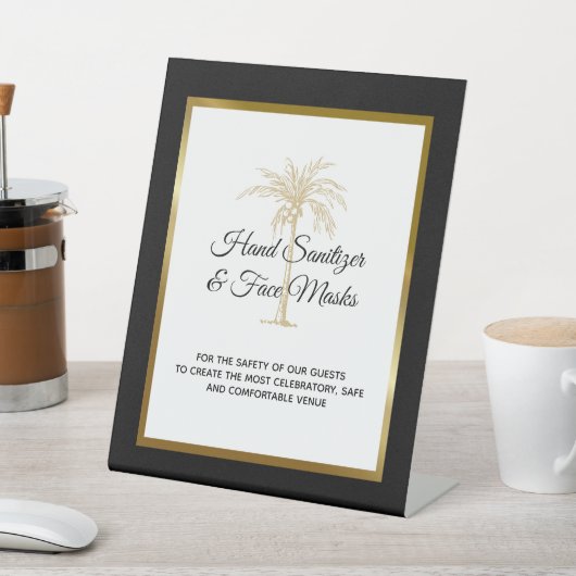 Signe De Table Sanitation Mariage Tropical Black Gold Palm Tree (In SItu)