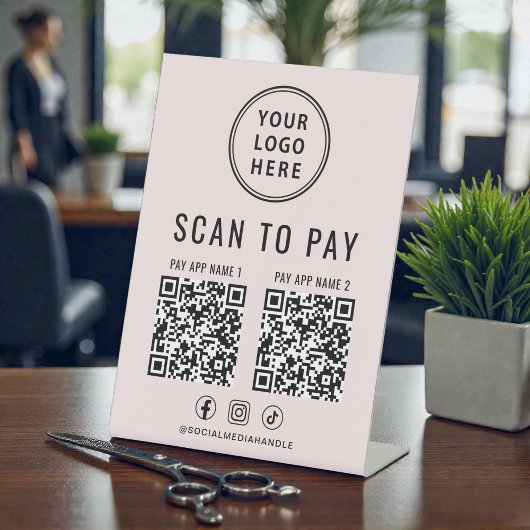 Signe De Table Scan to Pay 2 QR Codes Business Logo Pink