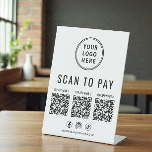 Signe De Table Scanner pour Payer 3 Codes QR Logo Entreprise Rése