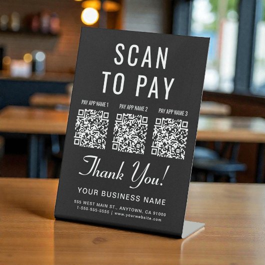 Signe De Table Scanner pour payer 3 codes QR Tablette noir