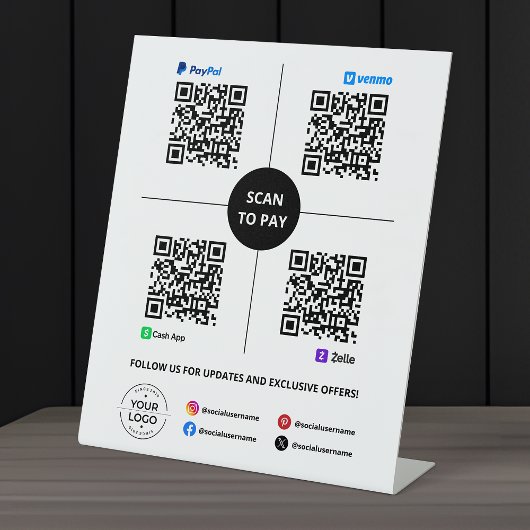 Signe De Table Scanner pour payer Code QR PayPal, Venmo, Cash App