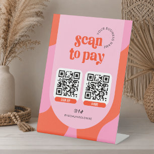 Signe De Table Scannez pour payer 2 codes QR Groovy Rétro Rouge e