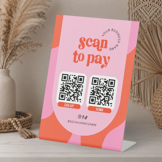 Signe De Table Scannez pour payer 2 codes QR Groovy Rétro Rouge e