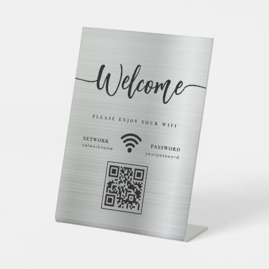 Signe De Table Script d'accueil moderne WIFI QR Code Silver Metal (Recto)