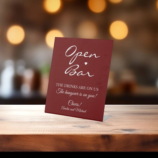 Signe De Table Script de signature rouge foncé Open Bar Mariage