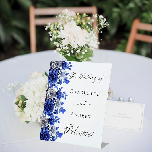 Signe De Table Script floral blanc bleu bienvenue mariage