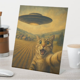 Signe De Table Selfie De Chat Avec Alien UFO Drôle Cadeaux De Cha