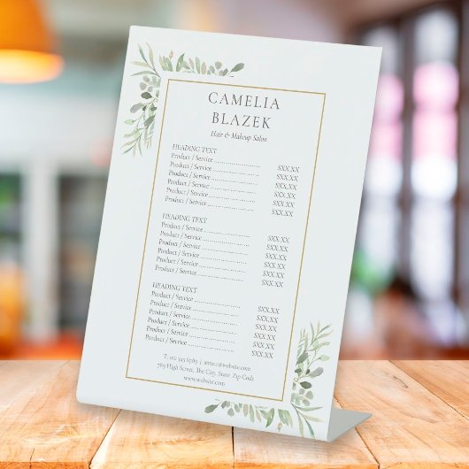 Signe De Table Service Vert Menu Tarifs