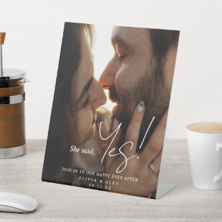 Signe De Table She Said Yes Couple Photo Engagement Sign Pedestal