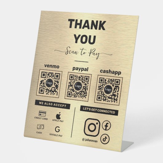 Signe De Table Shiny Gold Scan moderne pour payer 3 codes QR Merc (Recto)