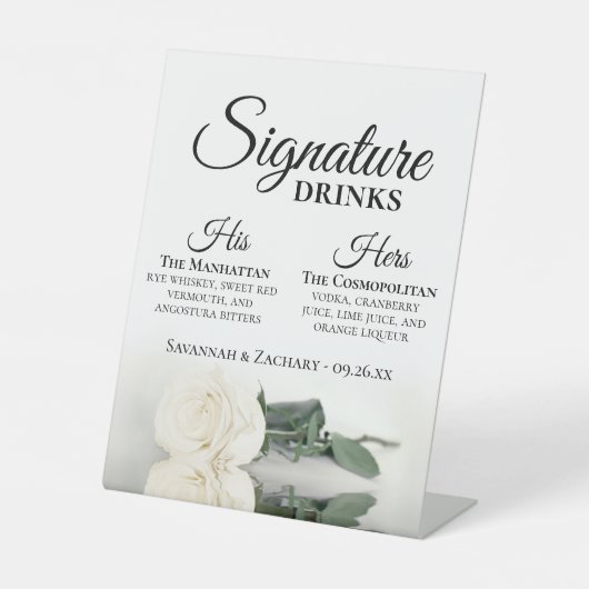 Signe De Table Signature Boissons Élégant Mariage Rose blanche (Recto)
