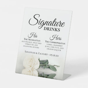Signe De Table Signature Boissons Élégant Mariage Rose blanche