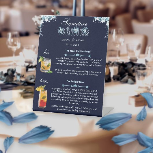 Signe De Table Signature Mariage Navy et Dusty Light Bleu Boisson