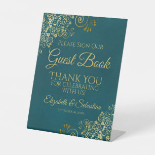 Signe De Table Signez notre livre d'or Teal foncé et Or S'il vous