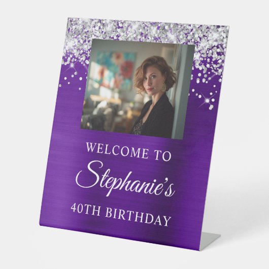 Signe De Table Silver Glitter Indigo Foil Photo 40th Birthday (Recto)