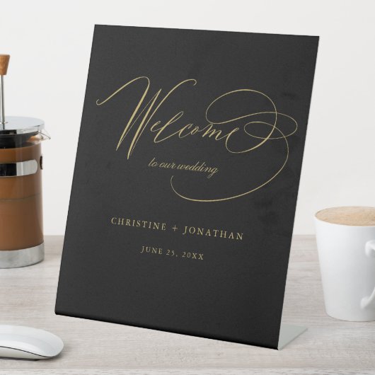 Signe De Table Simple Black Gold Modern Script Mariage Bienvenue (In SItu)