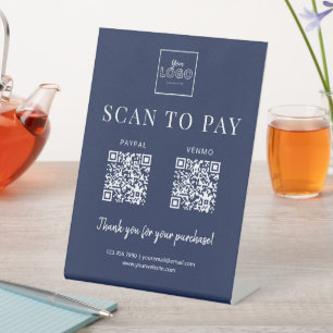 Signe De Table Simple Scan to Pay Logo Code QR Paiement Bleu Mari