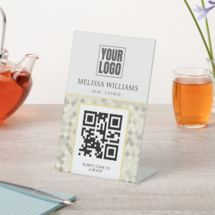 Signe De Table Socle de code QR géométrique jaune et gris moderne
