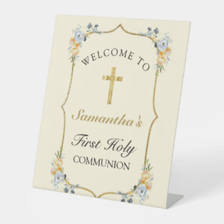 Signe De Table Soft Yellow Gold Cross 1st Communion Affiche de bi
