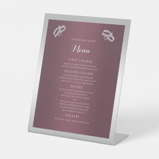 Signe De Table Sparkly Argent Anneaux & Burgandy Menu Mariage (Recto)
