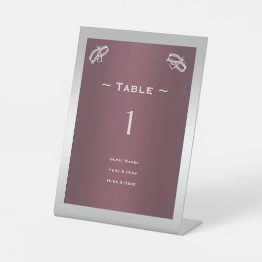 Signe De Table Sparkly Argent Anneaux & Burgandy Numéro de table (Recto)