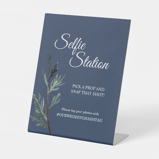 Signe De Table Station Selfie de Mariage Bleu Pin Hiver (Recto)
