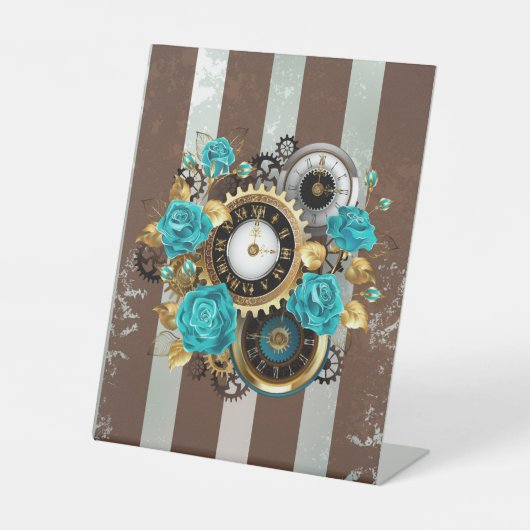 Signe De Table Steampunk Clock and Turquoise Roses on Striped (Recto)