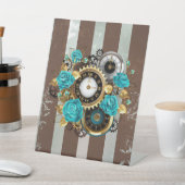 Signe De Table Steampunk Clock and Turquoise Roses on Striped (In SItu)