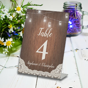 Signe De Table String Lights Rustic Wood Script Numéro de table