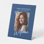 Signe De Table Stylish Photo Blue Bow Graduation Party Welcome (Recto)