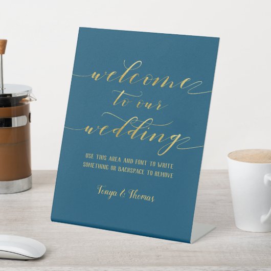 Signe De Table Swash Font Calligraphy Turquoise & Gold Welcome Ma (In SItu)