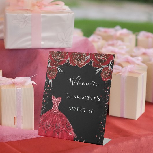 Signe De Table Sweet 16 fleurs de robe rouge noir bienvenue