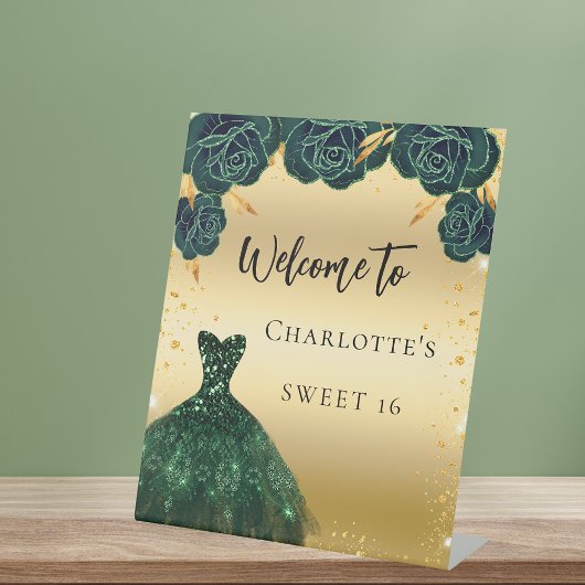 Signe De Table Sweet 16 fleurs de robe verte or bienvenue