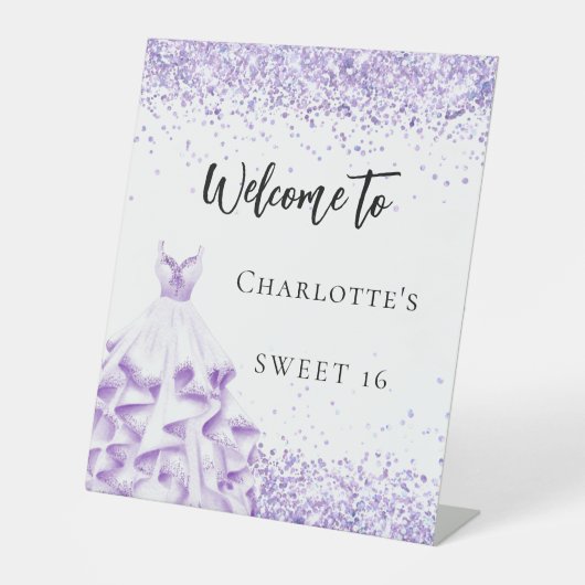 Signe De Table Sweet 16 robe blanche violet fête d'accueil (Recto)