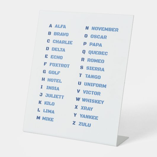 Signe De Table Tableau alphabétique phonétique de l'OTAN - Code t (Recto)