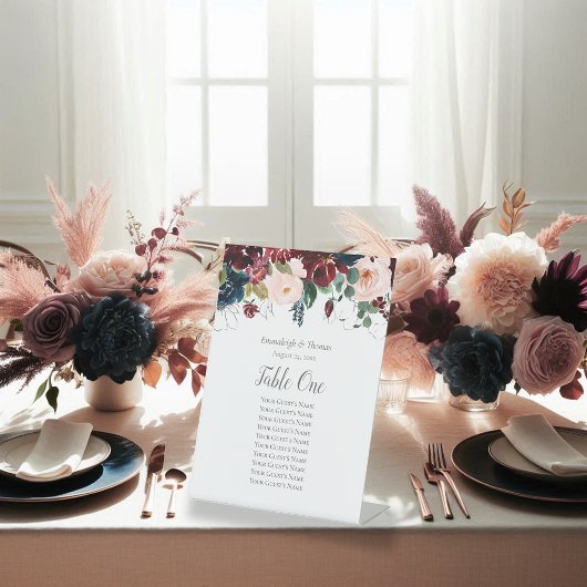 Signe De Table Tableau de siège Marine Bleu et Bourgogne Floral