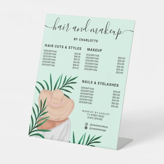 Signe De Table Tarif du salon de coiffure et de maquillage vert f (Recto)