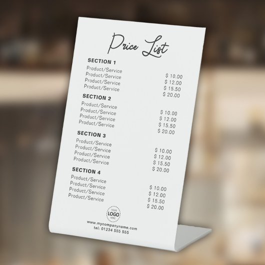 Signe De Table Tarif personnalisé ou prix de service moderne blan