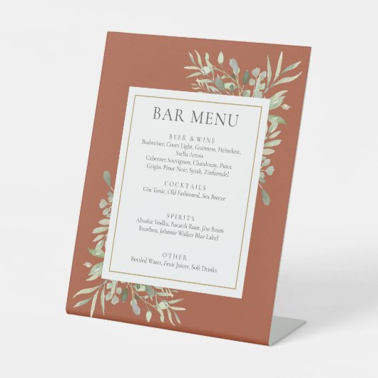 Signe De Table Terracotta Aquarelle Verdure Foliage Bar Menu (Recto)