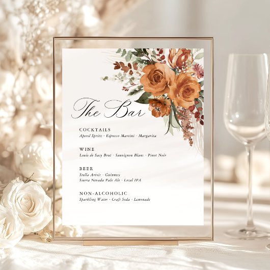 Signe De Table Terracotta Boho Rose Floral Wedding Bar Menu