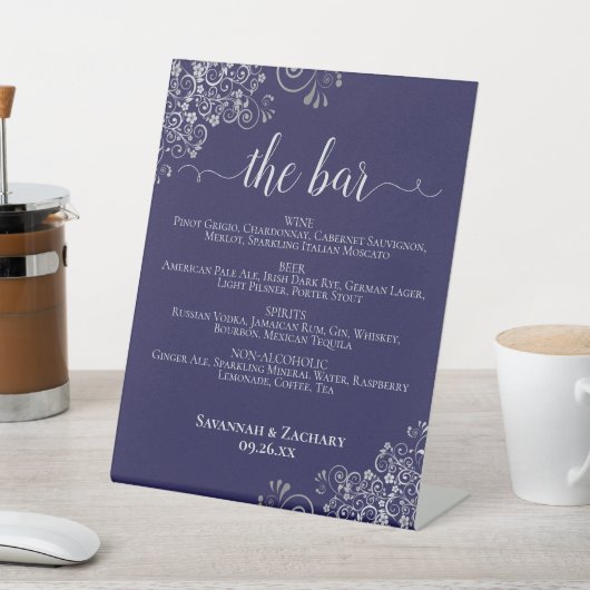 Signe De Table The Bar - Navy Blue & Silver Drinks Menu Wedding (In SItu)