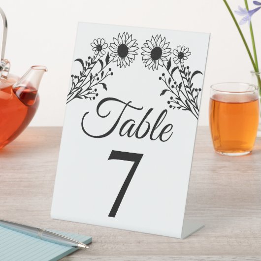 Signe De Table Tournesol rustique Noir Blanc Floral Numéro Mariag (In SItu)